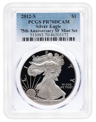 2012-S Proof Silver Eagle - 75th Anniv - PCGS PR70 — Silver bullion from Standard Bullion
