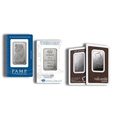 50 gram Platinum Bar - Brand Varies (Carded) — Platinum bullion from Standard Bullion