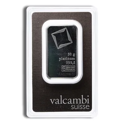 50 gram Platinum Bar - Valcambi (Carded) — Platinum bullion from Standard Bullion