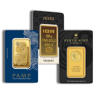 50 gram Gold Bar - Brand Varies (Carded) — Gold bullion from Standard Bullion