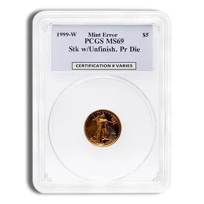 1999-W 1/10 oz Unfinished Proof Die Gold Eagle $5 PCGS MS69 — Gold bullion from Standard Bullion