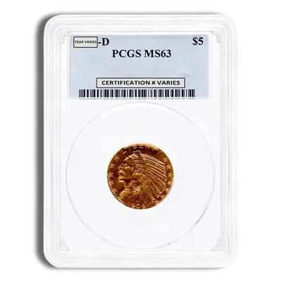 $5 Gold Indian Half Eagle - PCGS MS63 — Gold bullion from Standard Bullion