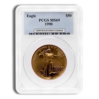 1990 1 oz Gold Eagle $50 PCGS MS69 — Gold bullion from Standard Bullion