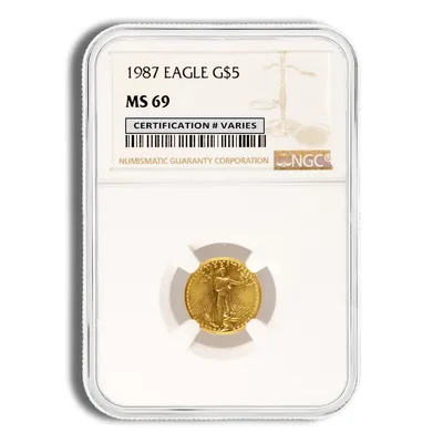 1987 1/10 oz Gold Eagle $5 PCGS MS69 — Gold bullion from Standard Bullion