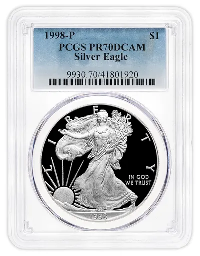 1998-P Proof Silver Eagle PCGS PR70 — Silver bullion from Standard Bullion