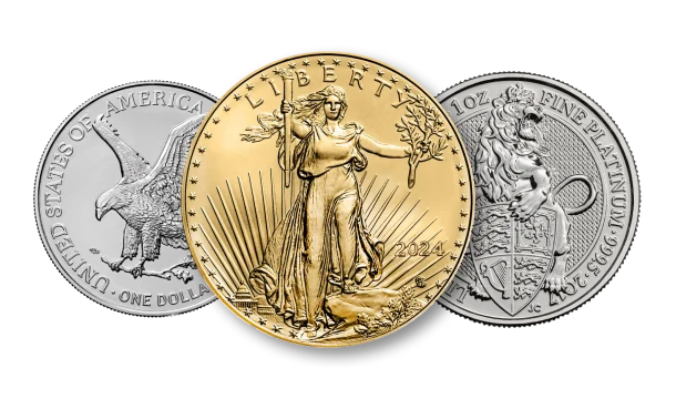 silver and gold American bullion coins and British platinum queens beast bullion coin
