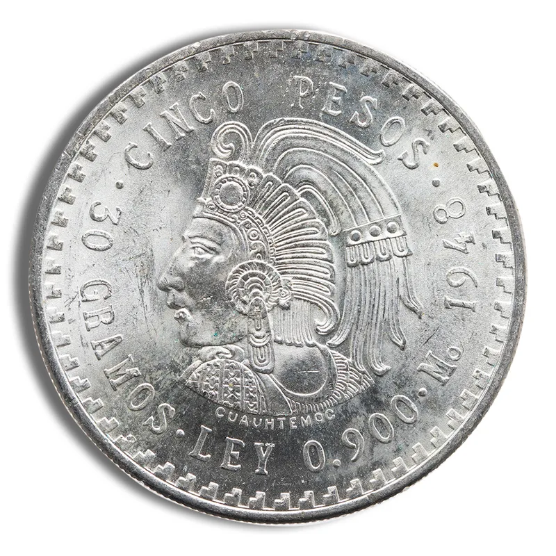 Mexico Silver 5 Pesos Cuauhtemoc (1947-1948) — Silver bullion from Standard Bullion