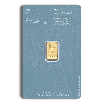 1 gram Gold Bar - Britannia (Carded) — reverse view