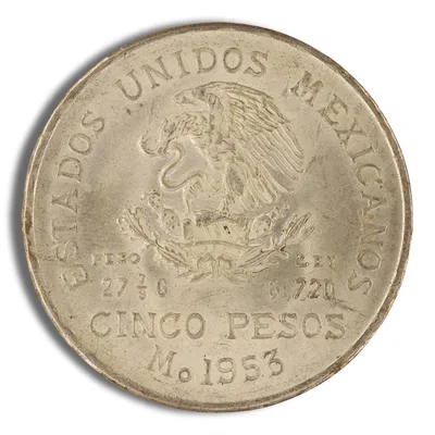 1951-1954 Mexico 5 Pesos Hidalgo Silver Coin (Avg Circ) — reverse view