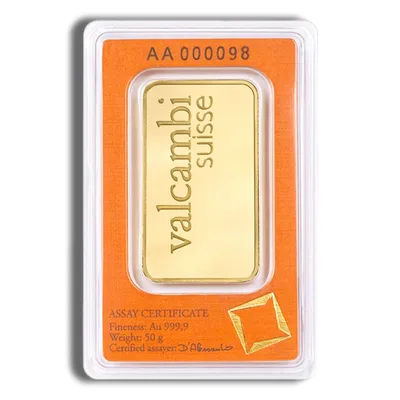 50 gram Gold Bar - Valcambi (Carded) — reverse view