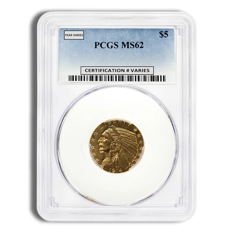 $5 Gold Indian Half Eagle - PCGS MS62 — Gold bullion from Standard Bullion