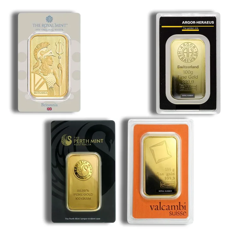 100 gram Gold Bar - Brand Varies (Carded) — Gold bullion from Standard Bullion