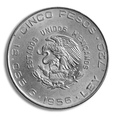 1955-1957 Mexico 5 Pesos Hidalgo Silver Coin (Avg Circ) — reverse view