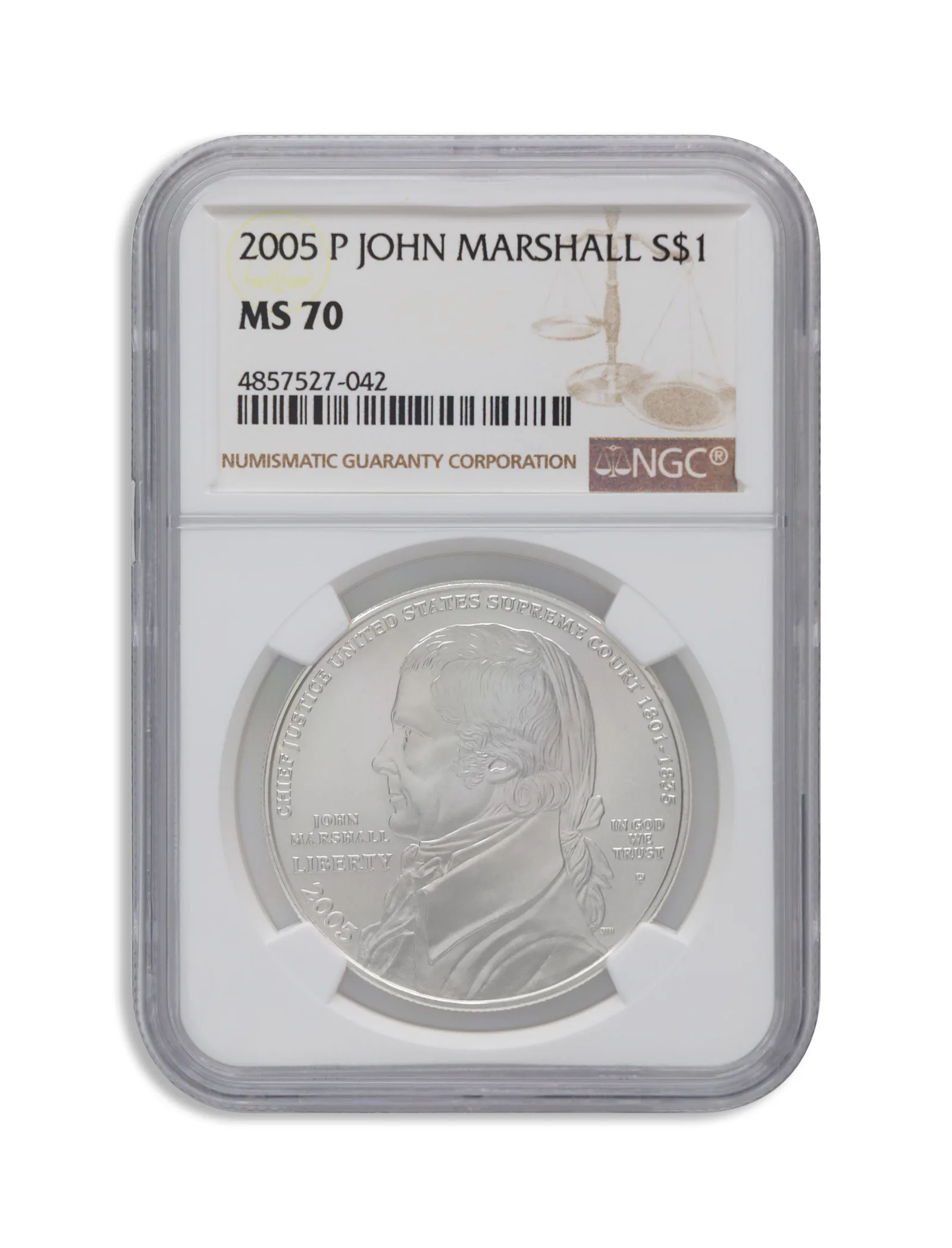 2005-P <body> John Marshall Silver Commem - NGC MS70 — Silver bullion from Standard Bullion