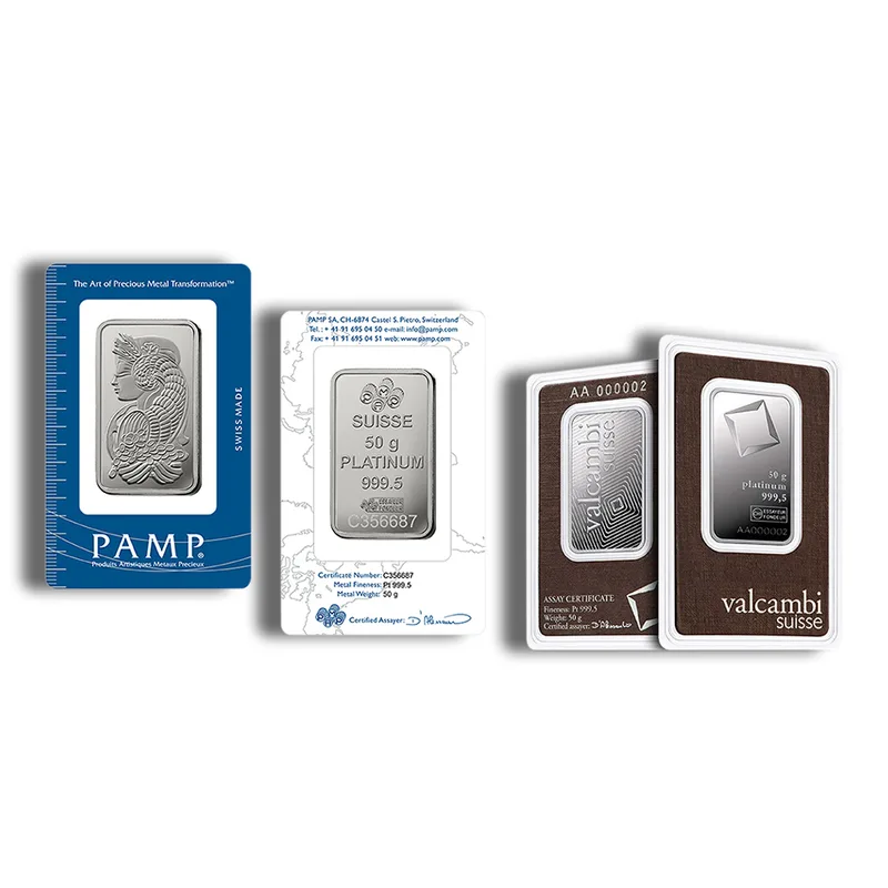 50 gram Platinum Bar - Brand Varies (Carded) — Platinum bullion from Standard Bullion
