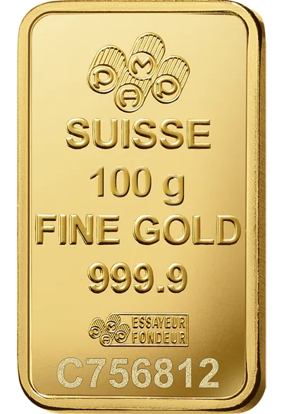 100 gram Gold Bar - PAMP Fortuna (Carded) — detail view