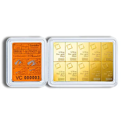 10 x 1/10 oz .9999 Valcambi CombiBar™ Gold (In Assay) — reverse view