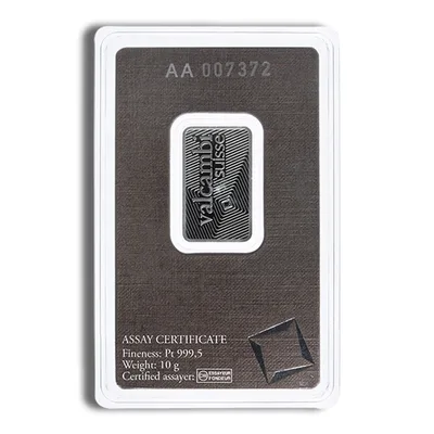 10 gram Platinum Bar - Valcambi (Carded) — reverse view