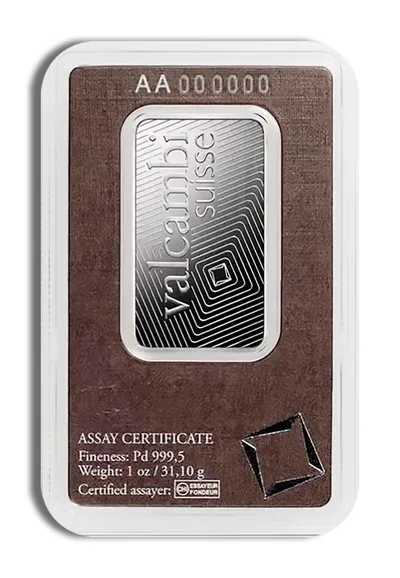 1 oz Palladium Bar - Valcambi (Carded) — reverse view