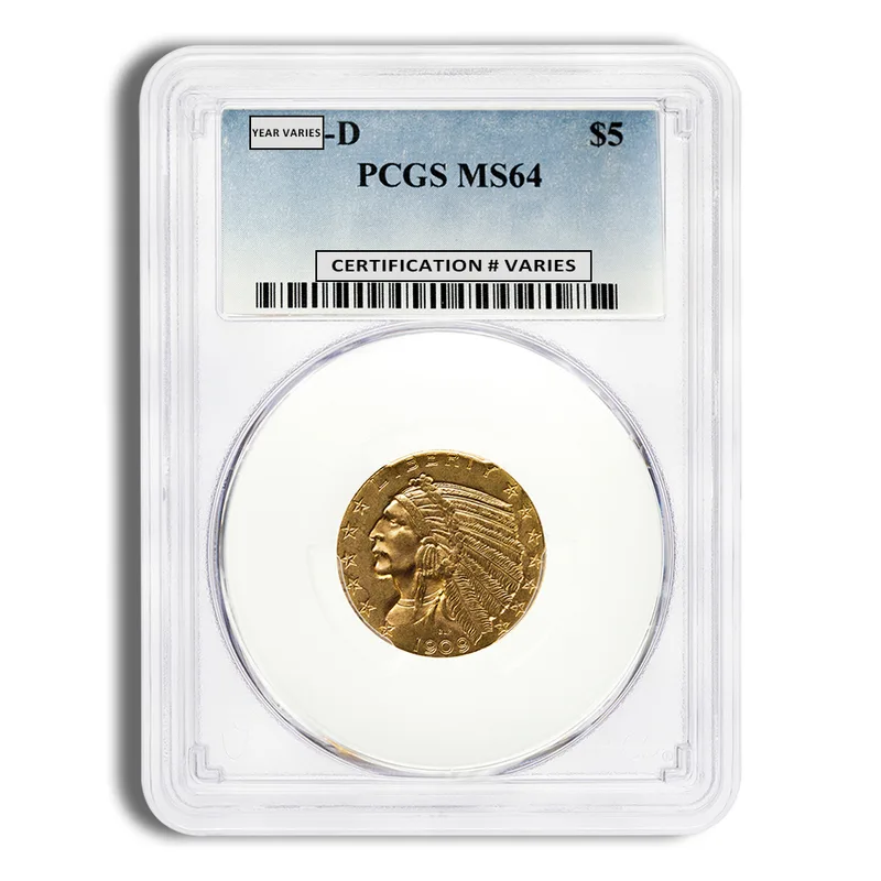 $5 Gold Indian Half Eagle - PCGS MS64 — Gold bullion from Standard Bullion