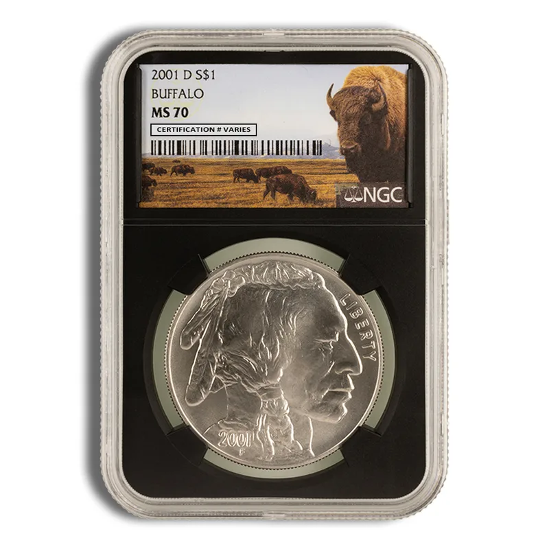 2001-D <body> Silver Buffalo Commem - NGC MS70 (Black Core) — Silver bullion from Standard Bullion