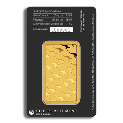 50 gram Gold Bar - Perth Mint (Carded) — reverse view