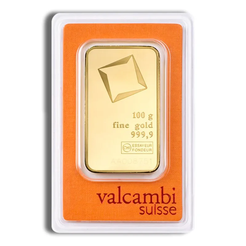 100 gram Gold Bar - Valcambi (Carded) — Gold bullion from Standard Bullion
