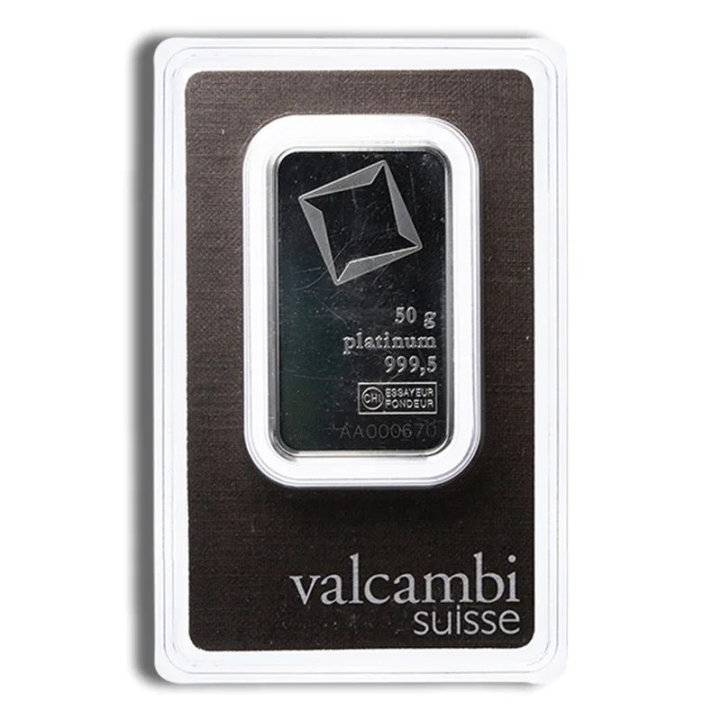 50 gram Platinum Bar - Valcambi (Carded) — Platinum bullion from Standard Bullion