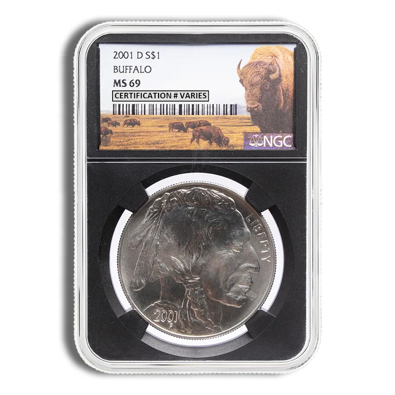 2001-D <body> Silver Buffalo Commem - NGC MS69 (Black Core) — Silver bullion from Standard Bullion