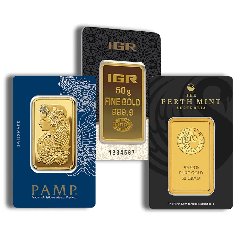 50 gram Gold Bar - Brand Varies (Carded) — Gold bullion from Standard Bullion