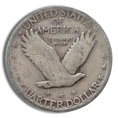 <body> FV 90% Silver Standing Liberty Quarters - No Date — reverse view