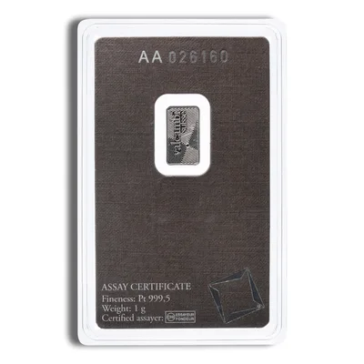1 gram Platinum Bar - Valcambi (Carded) — reverse view