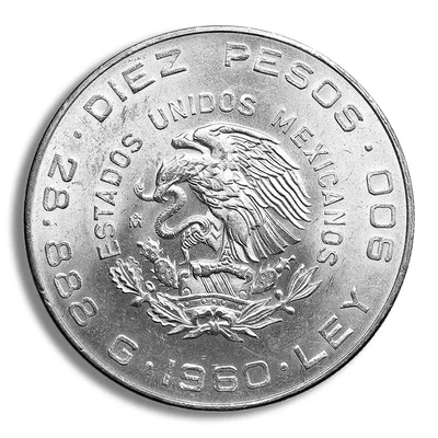 1960 Mexico 10 Pesos 150th Anniversary Silver Coin (Avg Circ) — reverse view