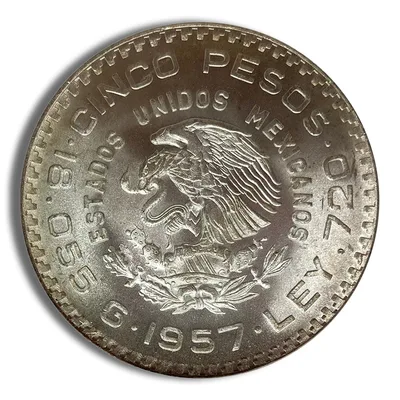 1957 Mexico 5 Pesos Constitution Silver Coin (BU) — reverse view