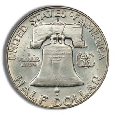 <body> FV 90% Silver Franklin Half Dollars - BU — reverse view