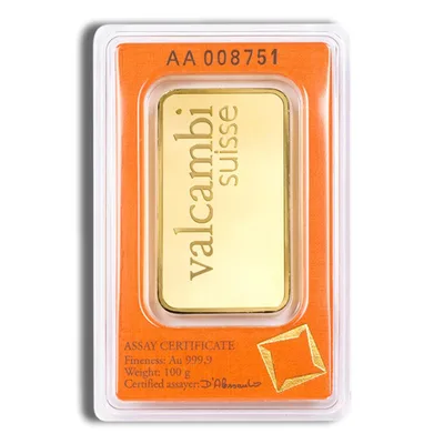 100 gram Gold Bar - Valcambi (Carded) — reverse view