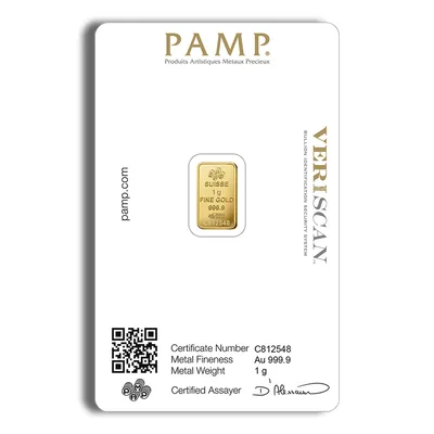 1 gram Gold Bar - PAMP Fortuna (Carded) — reverse view