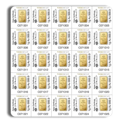 25 x 1 g Gold Bar - PAMP Multigram Gold Bar (Carded) — reverse view