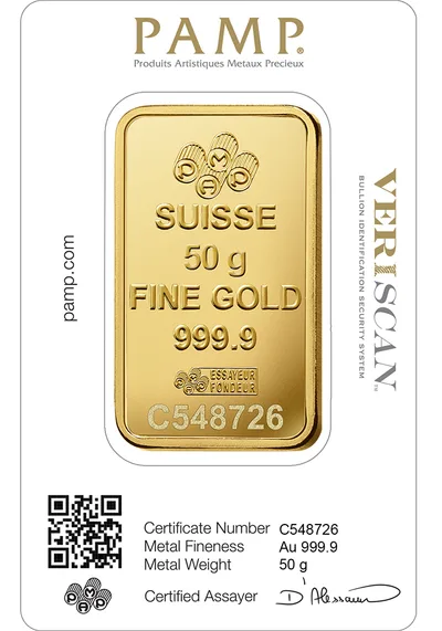 50 gram Gold Bar - PAMP Fortuna (Carded) — reverse view