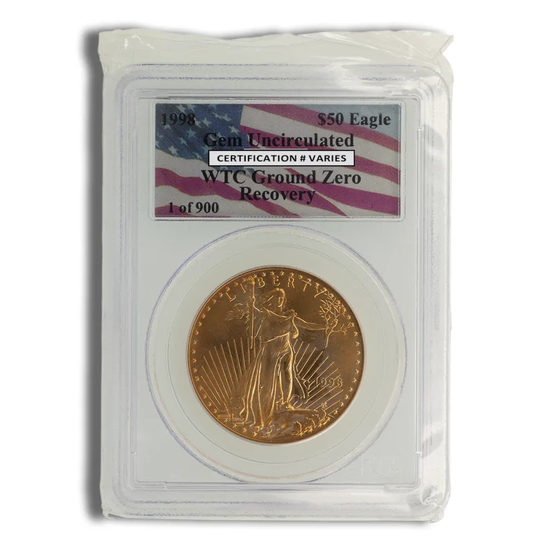 1998 1 oz Gold Eagle $50 PCGS Gem BU - WTC Ground Zero — Gold bullion from Standard Bullion