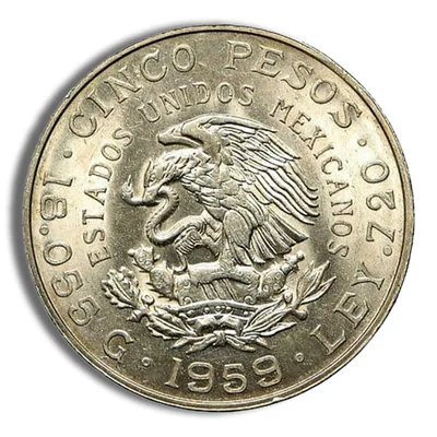 1959 Mexico 5 Pesos Carranza Silver Coin (Avg Circ) — reverse view