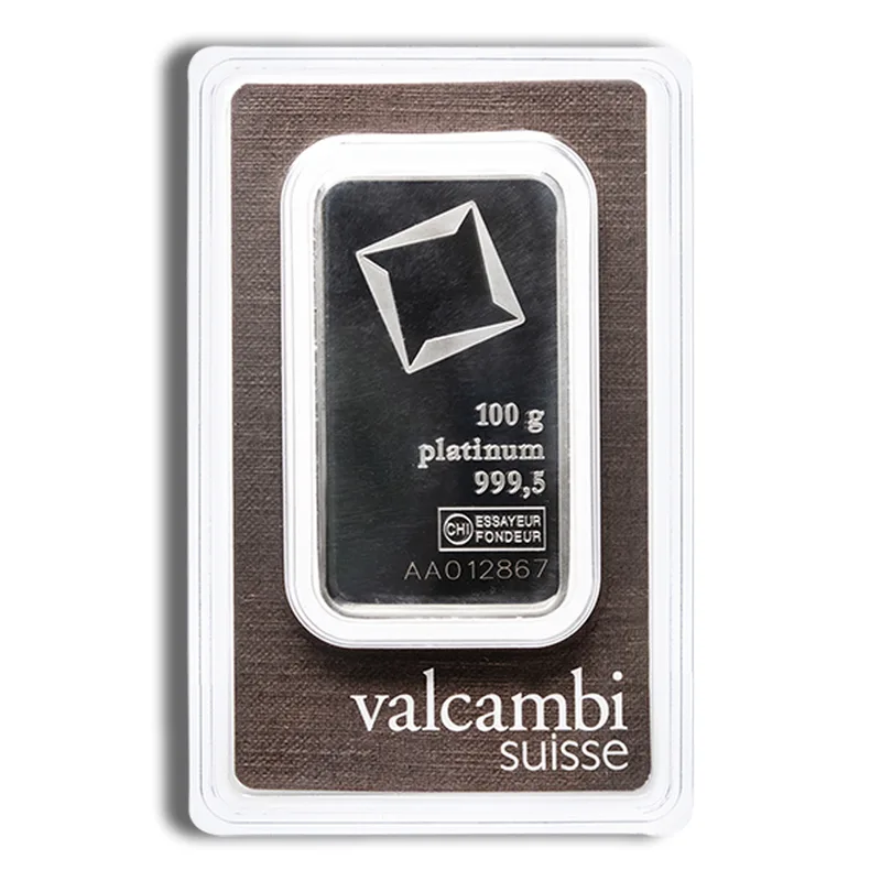 100 gram Platinum Bar - Valcambi (Carded) — Platinum bullion from Standard Bullion