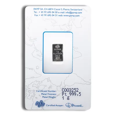 1 gram Platinum Bar - PAMP Fortuna (Carded) — reverse view