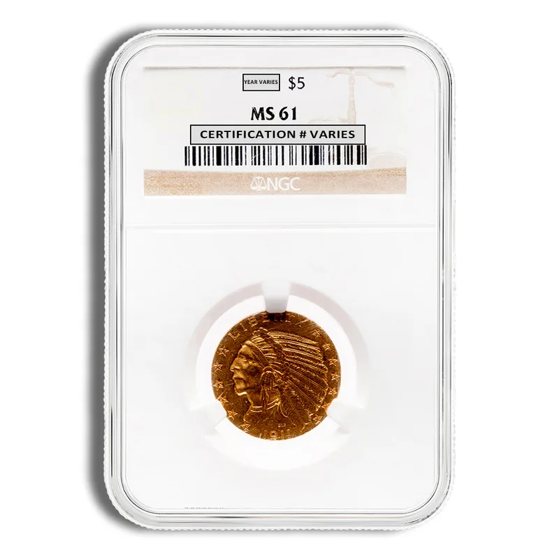 $5 Gold Indian Half Eagle - NGC MS61 — Gold bullion from Standard Bullion