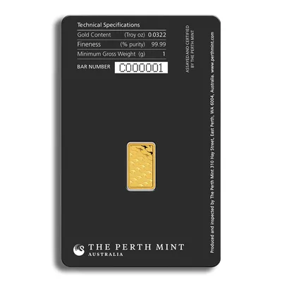 1 gram Gold Bar - Perth Mint (Carded) — reverse view