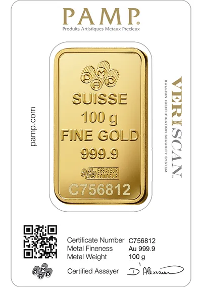 100 gram Gold Bar - PAMP Fortuna (Carded) — reverse view