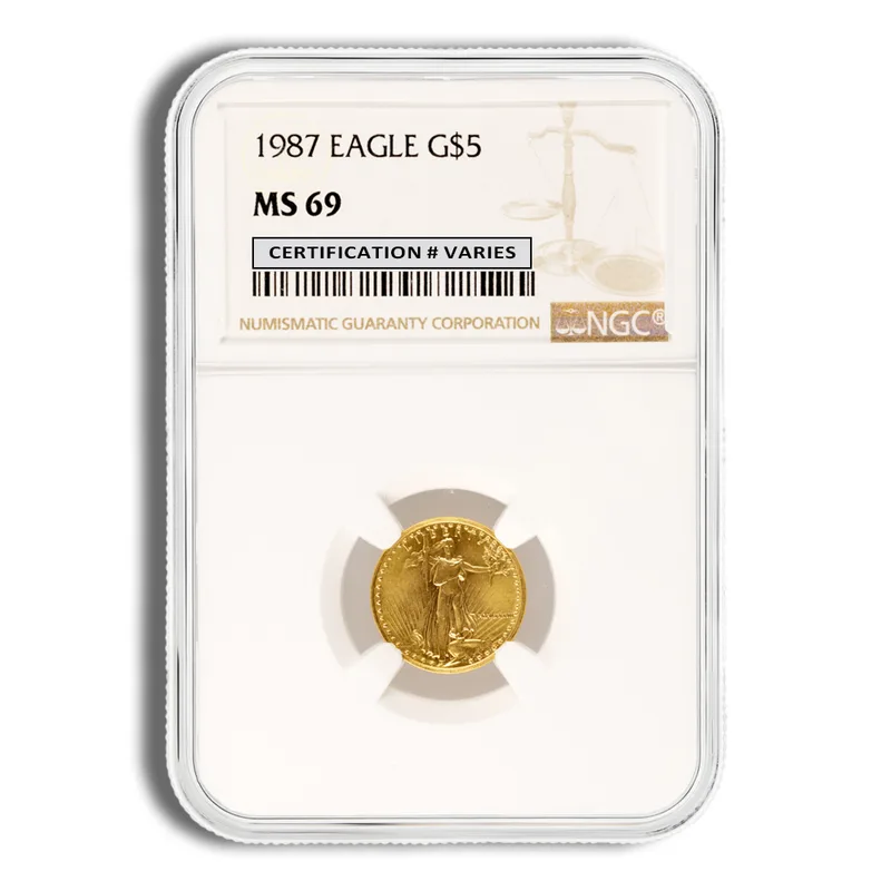 1987 1/10 oz Gold Eagle $5 PCGS MS69 — Gold bullion from Standard Bullion