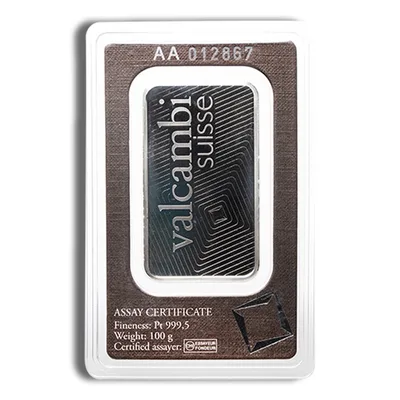 100 gram Platinum Bar - Valcambi (Carded) — reverse view