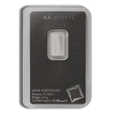 2.5 gram Platinum Bar - Valcambi (Carded) — reverse view