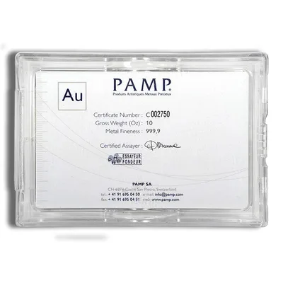 10 oz Gold Bar - PAMP Fortuna (Carded) — reverse view